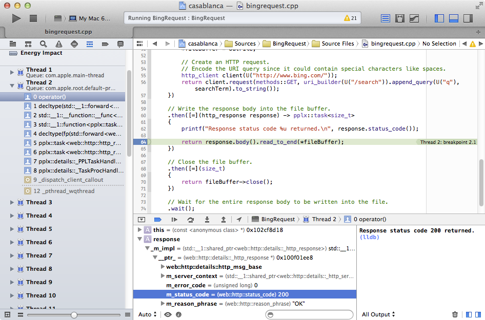 BingRequest in Xcode under debugger